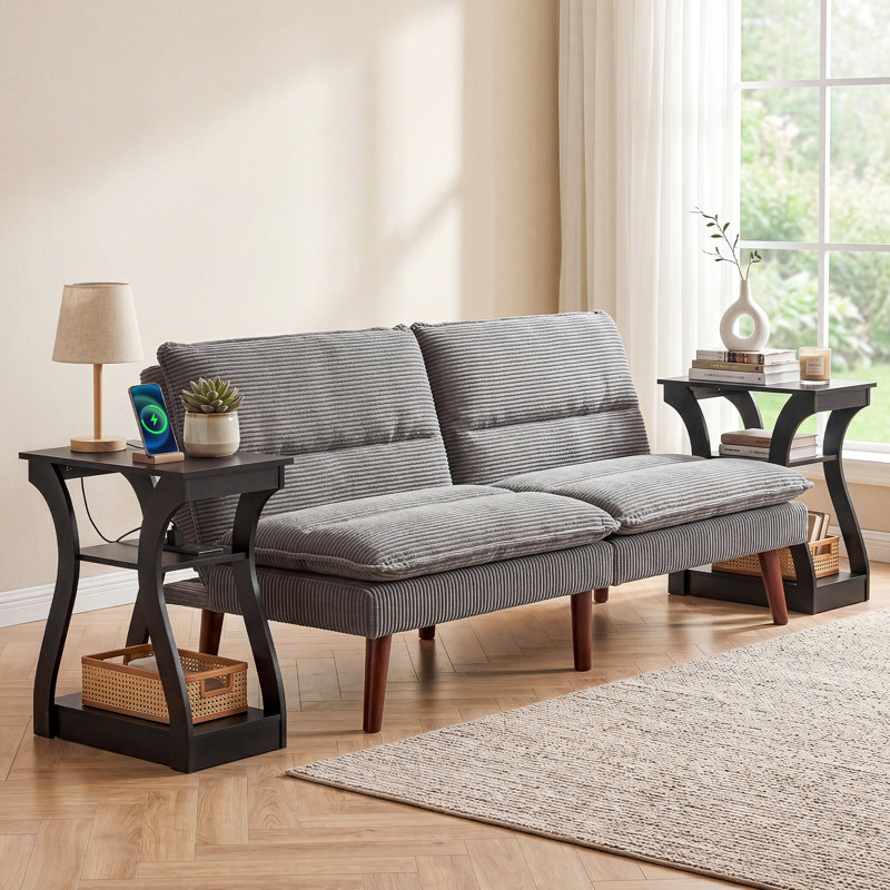 Table de chevet de 19,7 po de largeur avec station de charge et 2 tablettes de rangement, Noir, 1
