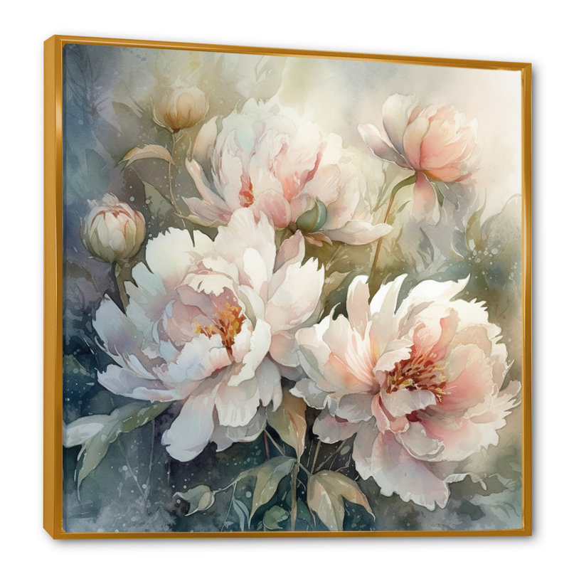 Pivoines roses et vertes sur une branche II - pivoines, art mural, H 16 po x l 16 po x P 1 po, Cadre flottant doré