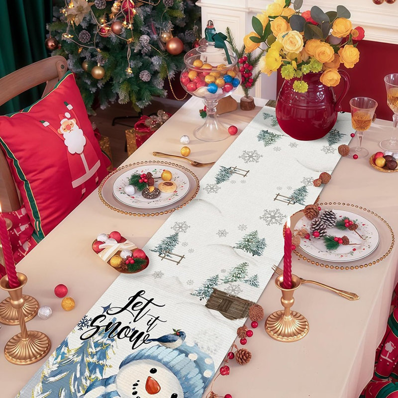 Chemin de table de Noël de 72 po x 13 po avec motif de bonhomme de neige Let It Snow