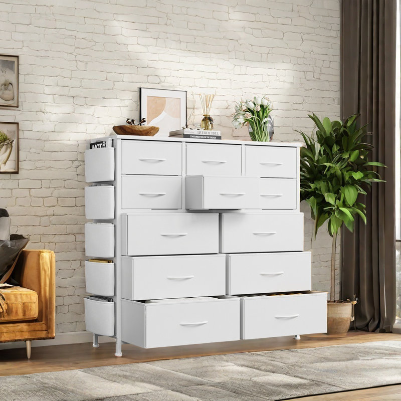 Commode pour chambre à coucher, commode de rangement haute avec 12 tiroirs en tissu et poches latérales, commode de tiroirs