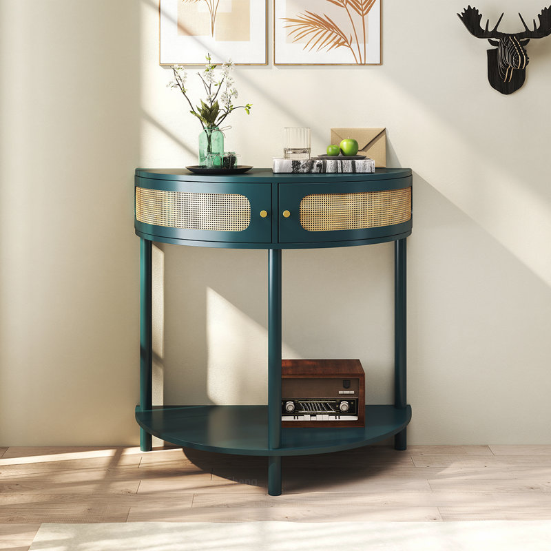 Unique Half Moon Console Table with Rattan Storage for Various Rooms, Enhancing Interior Style, Green