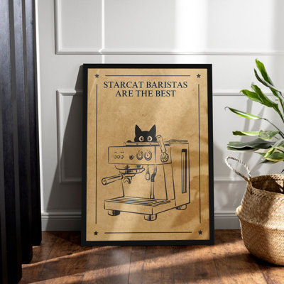Z Studio Drôle de chat et café, affiche moderne, décoration de bar tendance, café, café, peinture, cuisine, décoration murale, esthétique, 12 x 16 po, cadre noir