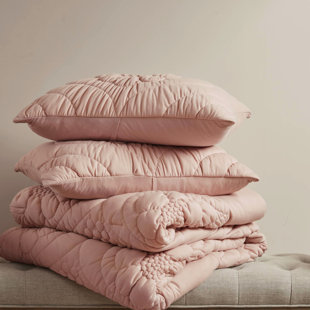 King Size Pink Comforter With 3 Pieces, Romantic Floral, And Puffy Texture - Piece: Shabby Chic All Season Comfort, Machine Washable