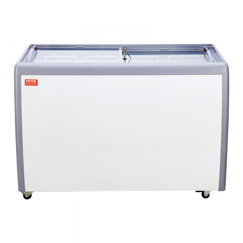 Commercial Ice Cream Display Case, 13.1 Cu.ft Chest Freezer, Mobile Glass Top Deep Freezer, Restaurant Gelato Dipping Cabinet with 8 Large Tubs, 2 Sliding Glass Doors, Locking Casters, White