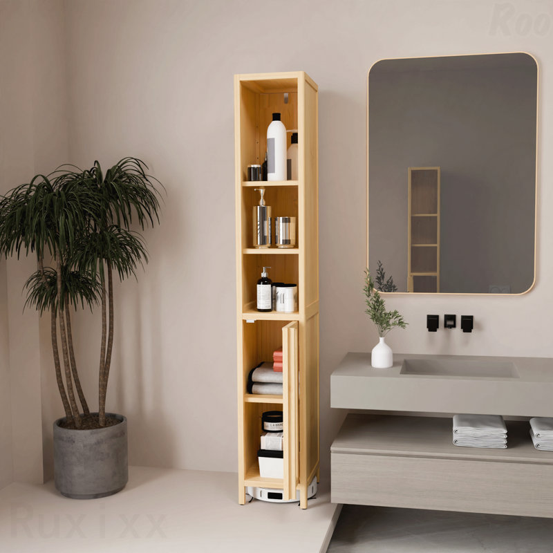 Natural Bamboo Tall Narrow Cabinet, High Capacity Slim Storage For Home