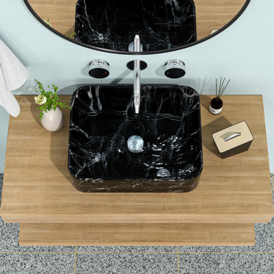Vasque de salle de bain rectangulaire en céramique à motif marbre noir et gris 19 po x 15 po