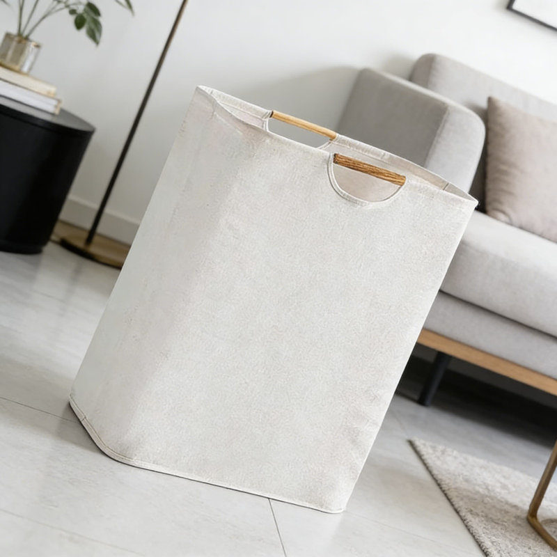 Panier à linge pliable avec poignées en bois - Panier de rangement en lin de coton grande capacité pour les vêtements, les jouets et l'organisation de la salle de bain