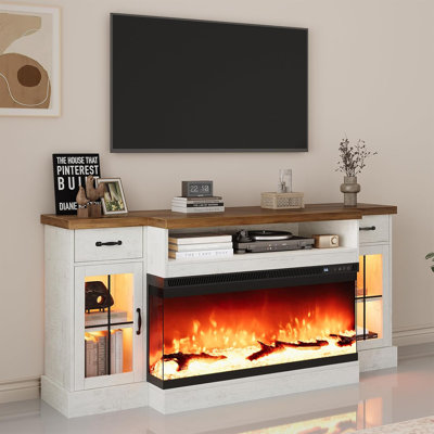 Fireplace TV Stand With Glass Doors, Fireplace TV Stand With 40" Electric Fireplace For 80" TV, 70" Entertainment Center With Adjustable Storage Cabinets, LED Lights, TV Stands For Living Room