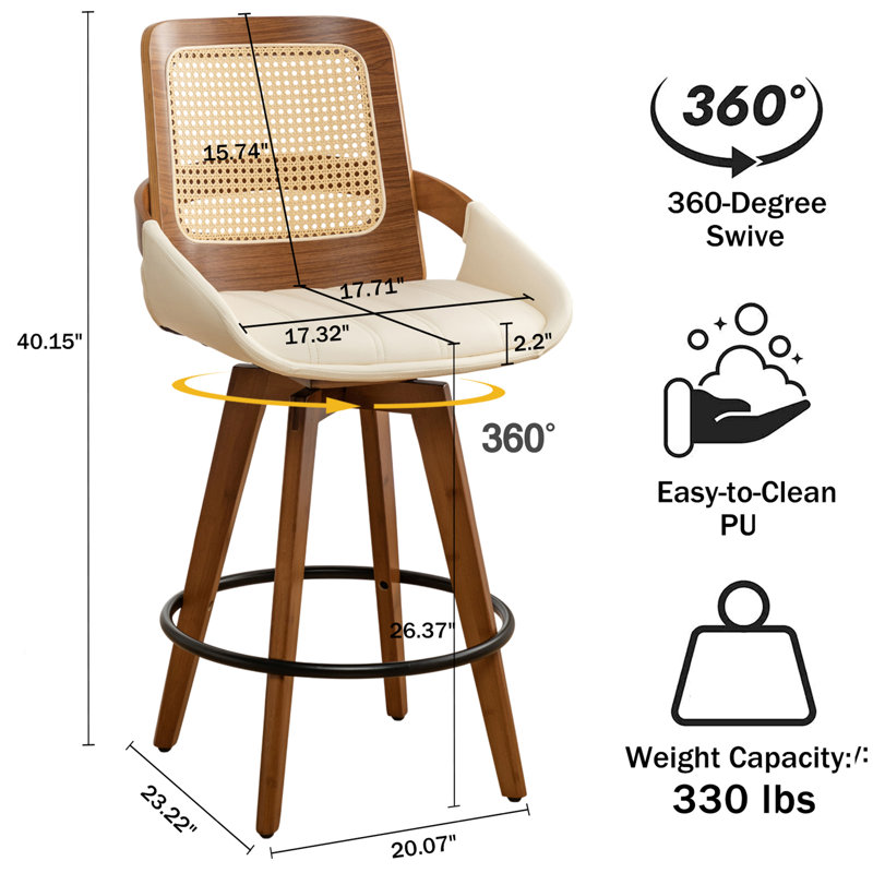 Tabouret de bar pivotant à hauteur de comptoir Darries, Beige, Tabouret de comptoir (siège d'une hauteur de 26,3