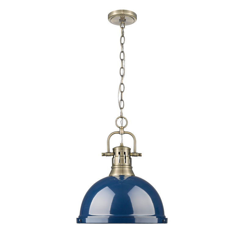 Luminaire suspendu 1 lumière avec chaîne Cajoux, Laiton vieilli, Bleu marine mat, H 14 po x l 14 po