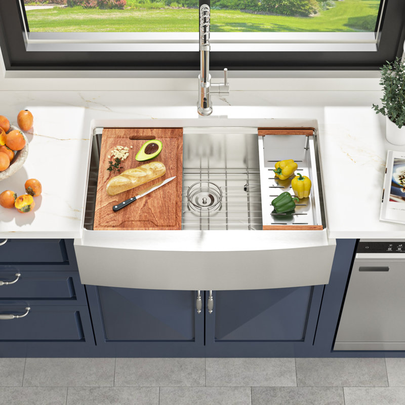Farmhouse/Apron Single Bowl Workstation Stainless Steel Kitchen Sink, Silver, 10"H X 33"L X 22"W