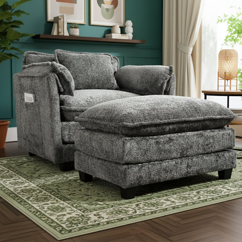  Lit de jour convertible 55 po avec repose-pieds Boucle, méridienne moderne surdimensionnée, Gris