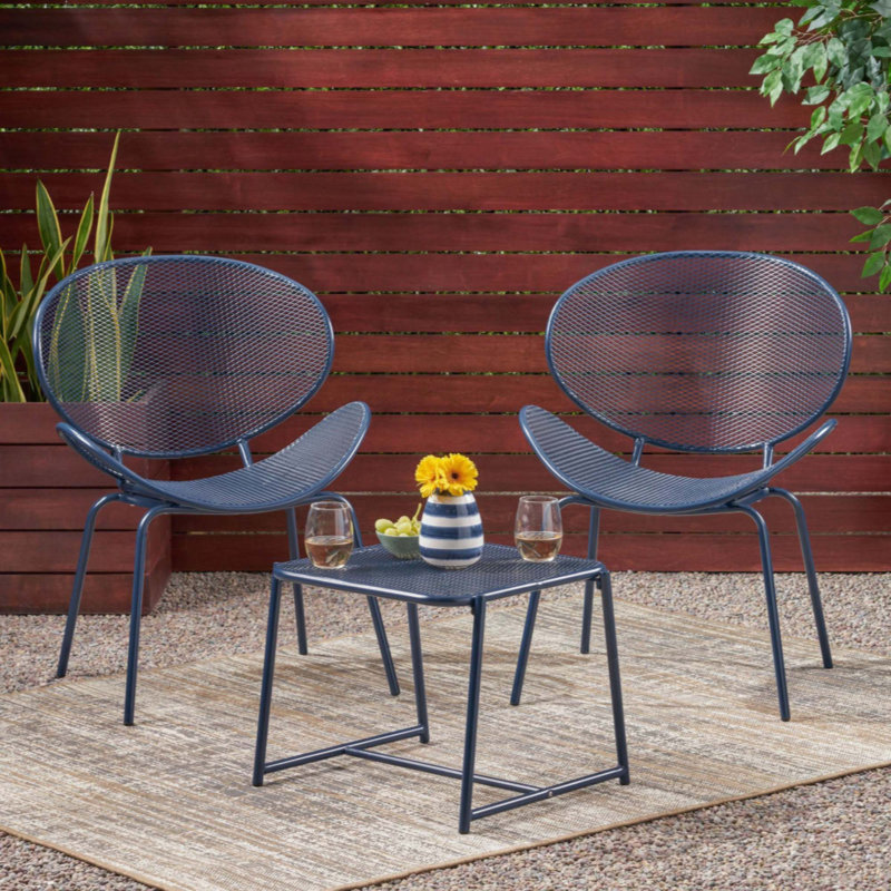 Modern Outdoor Chat Set With Mesh Seating And Retro Shell Chairs, For Stylish Patio Relaxation., Dark Blue