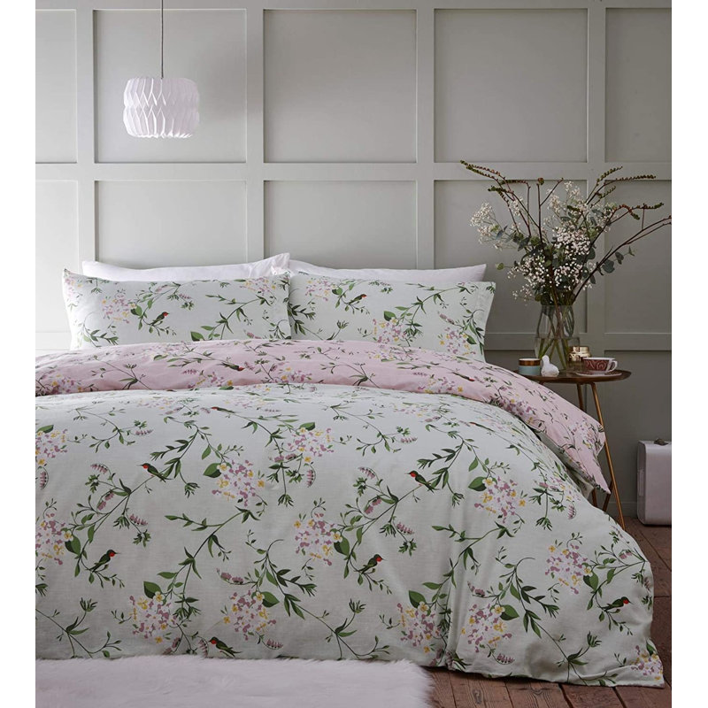 White/Green/Pink 56 TC Reversible Duvet Cover Set, Super King Duvet Cover + 2 Standard Pillowcases, White/Green/Pink
