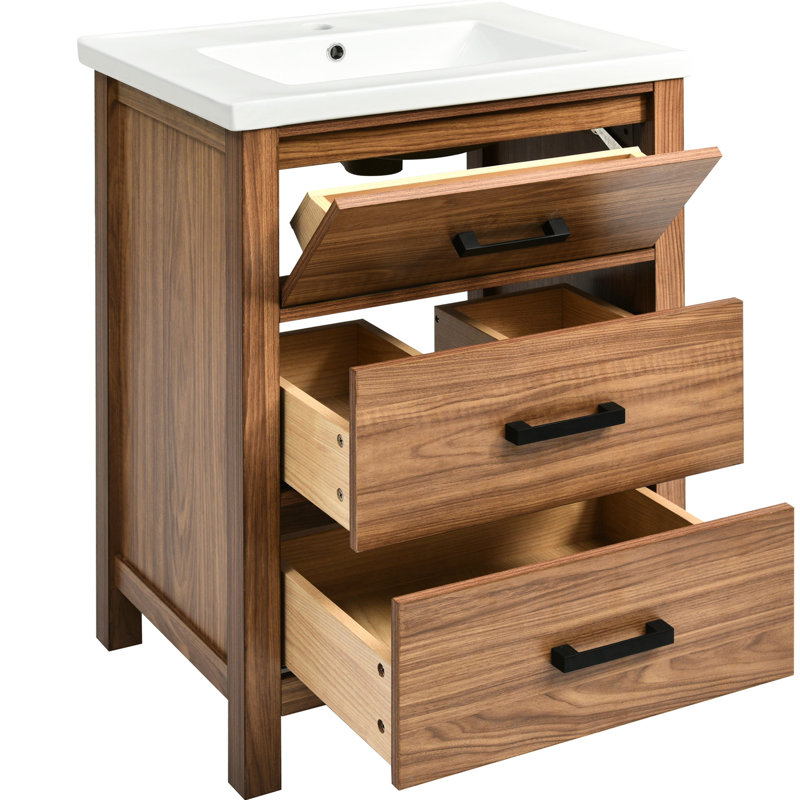 Meuble-lavabo moderne avec lavabo en céramique 24 po - 3 tiroirs, meuble-lavabo autoportant moderne avec 3 tiroirs Modern