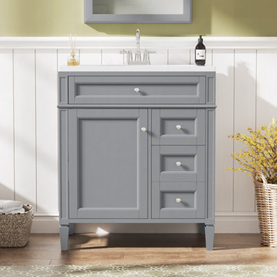 Meuble-lavabo de salle de bain avec lavabo supérieur, meuble de rangement moderne avec 2 tiroirs et un tiroir basculant, meuble-lavabo simple