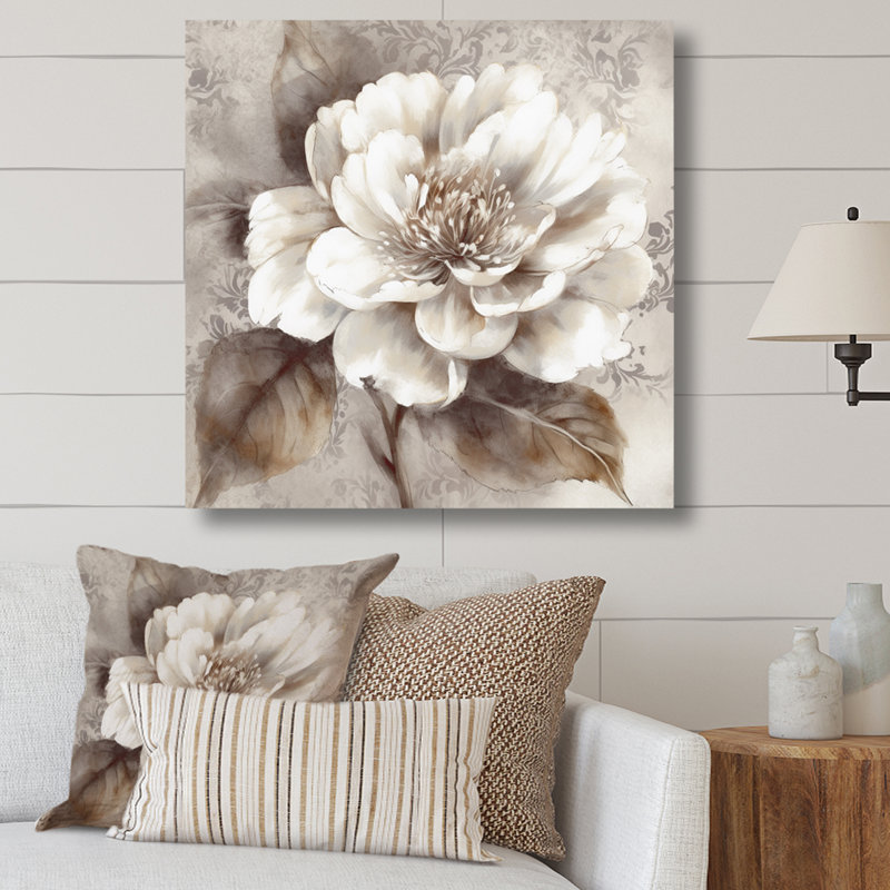 Pivoines grises sur branche III - pivoines, art mural sur toile, H 36 po x l 36 po x P 1,5 po, Toile tendue