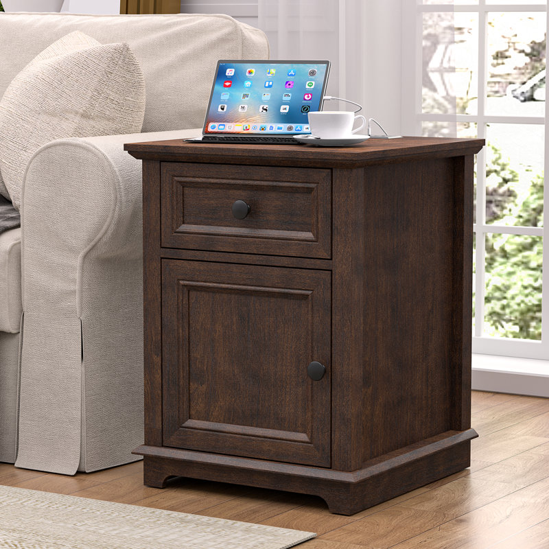 Vianet 24'' Tall End Table with Storage Drawer and Built-In Outlets, Cherry