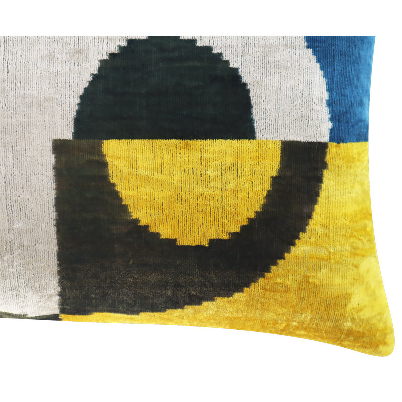 Velvet Lumbar Pillow Cover & Insert, Blue/Gray/Yellow Geometric 1