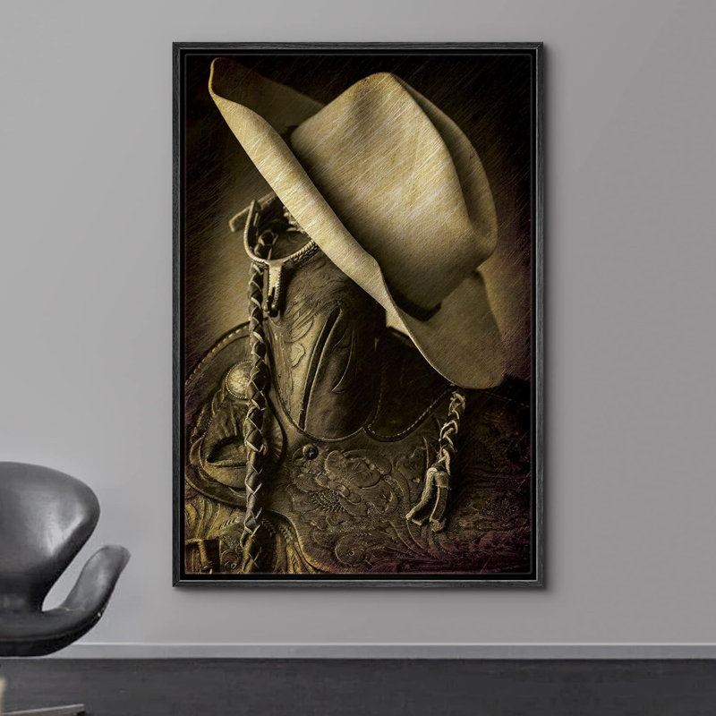 Chapeau de cowboy sur la corne de selle suspendue, éperons et cuir, art rétro, H 36 po x l 24 po, Cadre flottant noir