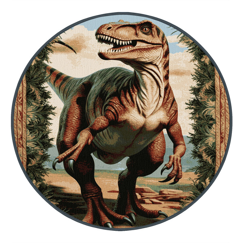 Tapis brun dinosaures lavable à la machine, Rond 5 pi