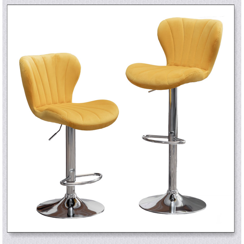 Adjustable Swivel Barstools – Set of 2 – Velvet Upholstery, Chrome Base, Gas-Lift, Yellow