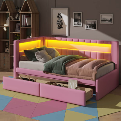 Twin Size Upholstered Platform Bed With USB Sockets, LED Luminaires, And 2 Drawers