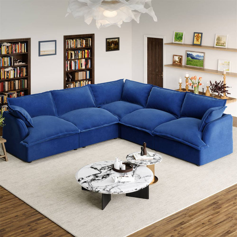 Canapé modulaire en duvet synthétique Kejon, Velours bleu Kejon