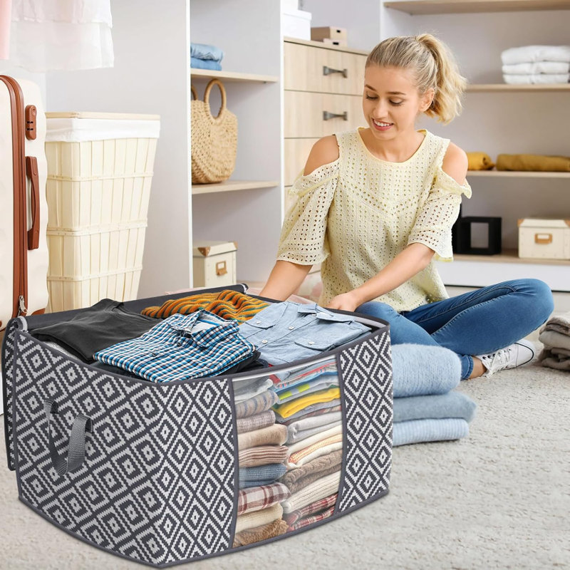 100L Large Foldable Storage Bags For Clothes, Blankets, Bedding With Clear Window | Reinforced Handle | 3 Pack Gray