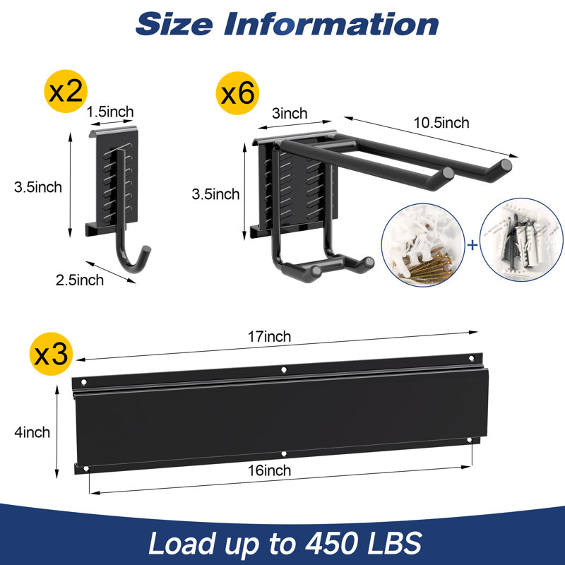 Heavy-Duty 450LB Garage Wall Organizer, 51" Steel Rail with 8 Rubber Hooks, Fits 2x4 Studs, 51 inch