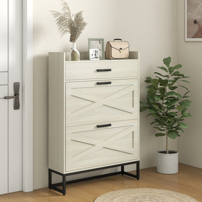 Armoire à chaussures étroite, armoire de rangement à chaussures industrielle avec 2 tiroirs rabattables, tablettes réglables et tiroir supérieur, rangement pour chaussures dissimulé pour 12 paires de chaussures