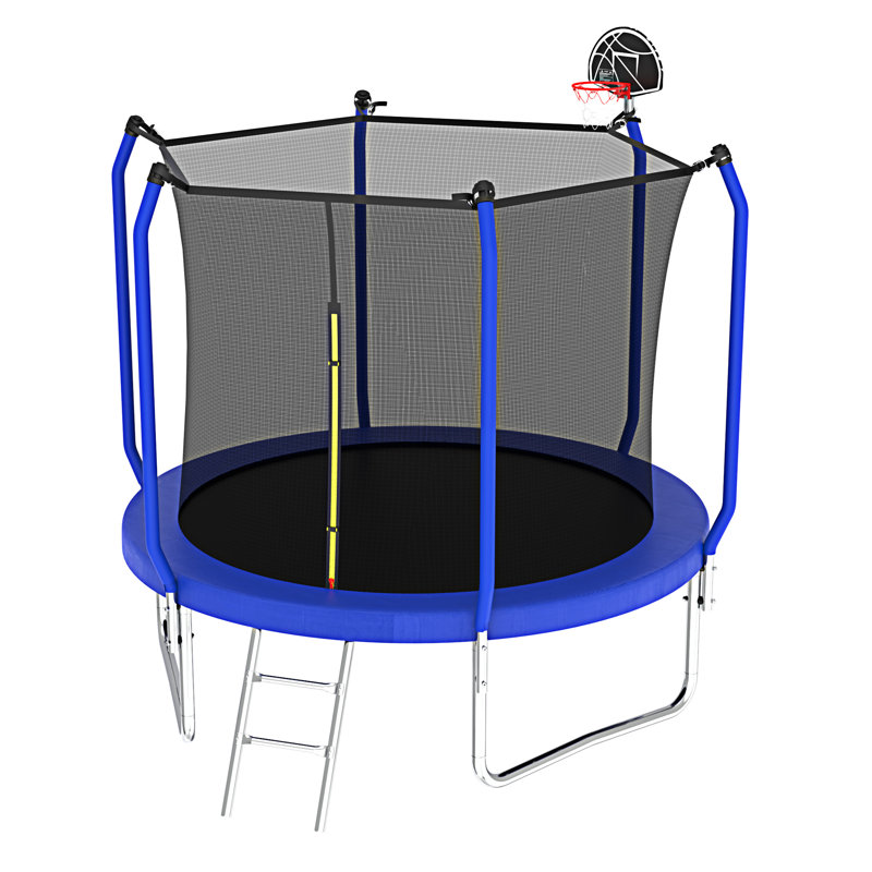 Blue 10FT Round Trampoline with Enclosure and Basketball Hoop