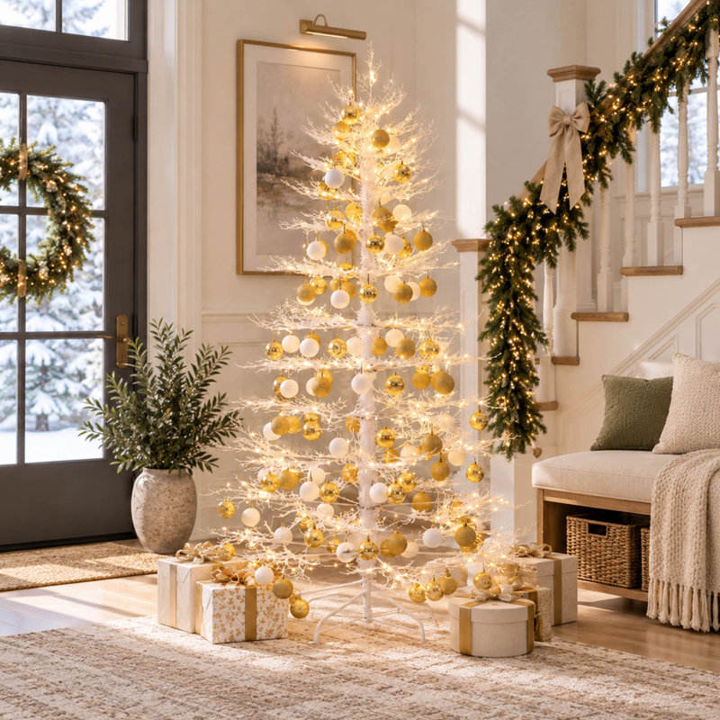 Sapin de Noël blanc Aspen pré-illuminé de 1,80 m avec 600 DEL et décorations