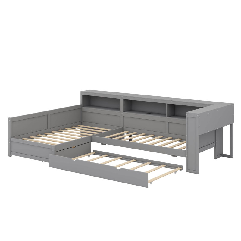 Structure de lit simple en L avec lit gigogne et tiroir de rangement simple, Gris