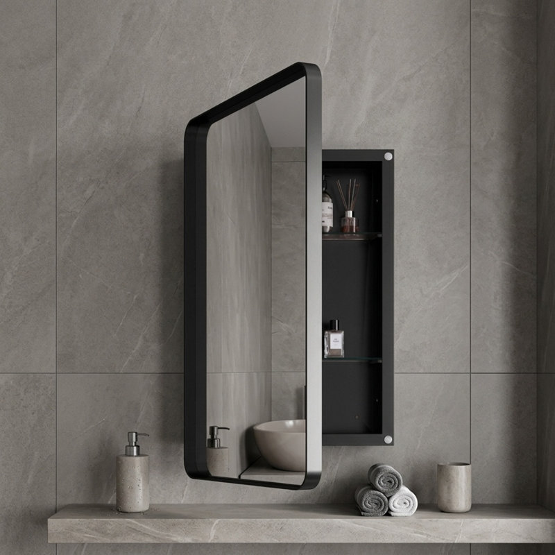 Armoire à pharmacie encastrée de 51 x 76 cm (20,1 x 30,1 pouces) avec cadre en métal noir, armoire à miroir murale et étagères réglables en verre trempé pour salle de bain