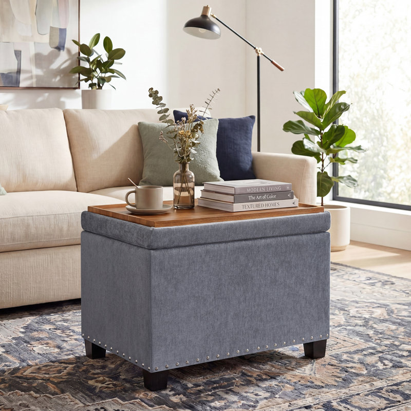 22" Upholstered Storage Ottoman With Reversible Tray Top, Gray  Cotton Blend