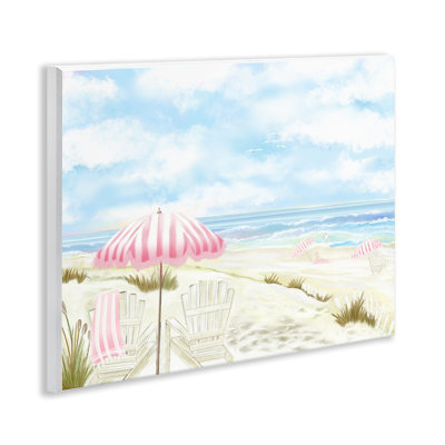 Plaque murale paysage marin avec parasol rose, design par Lori Mosley