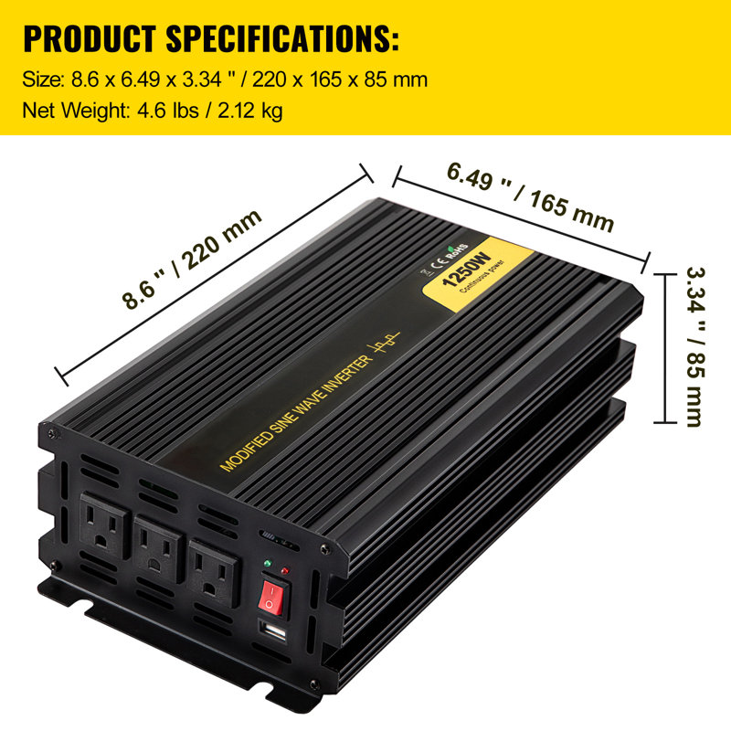 Onduleur de puissance, onduleur sinusoïdal modifié de 1250 W, courant continu de 12 V à CA