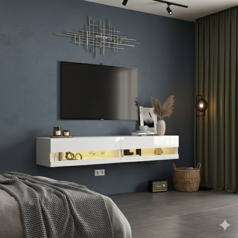 180-Degree Wall-Mounted Floating TV Stand Measuring 80 Inches, Featuring 20-Color LED Lighting And A Built-In Charging Station.