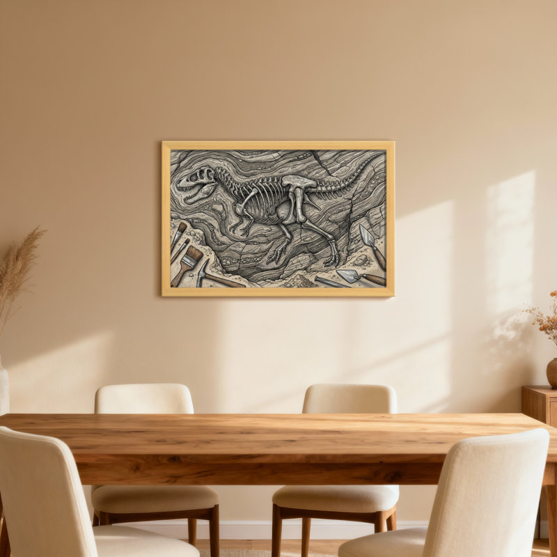 Dinosaur Skeleton Excavation Tools Artwork, 12" H x 18" W, Light Wood Grain, Single Picture Framed