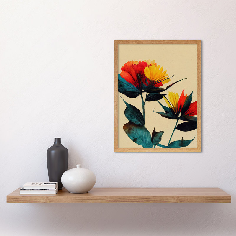 Botanical Bold Flowering Yellow Red Teal - Print, 43cm H x 33cm W x 2cm D, Light Brown Framed Unframed