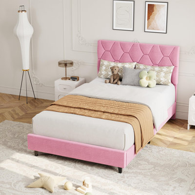 Twin XL Pink Upholstered Platform Bed with Adjustable Diamond Tuft Headboard, 900 Lbs Anti-Squeak Metal Bed Frame, Fits 12.2-16.1" Mattress, No Box Spring for Teen Girls Dorm Apartment