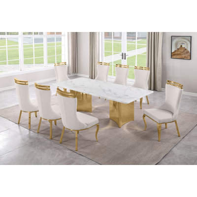 Ensemble de salle à manger en marbre blanc Grand avec chaises d'appoint en tissu Boucle
