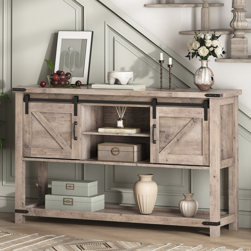Console de style campagne avec portes de grange coulissantes H 31,9 po Ordonez, H 31,9 po x l 46 po x P 13,8 po, Gris
