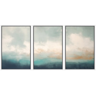 Minimal Abstract Coastal Landscape in Soft Blue and Sand Colors – Pictures Framed Canvas Print 3 Pieces Wall Art