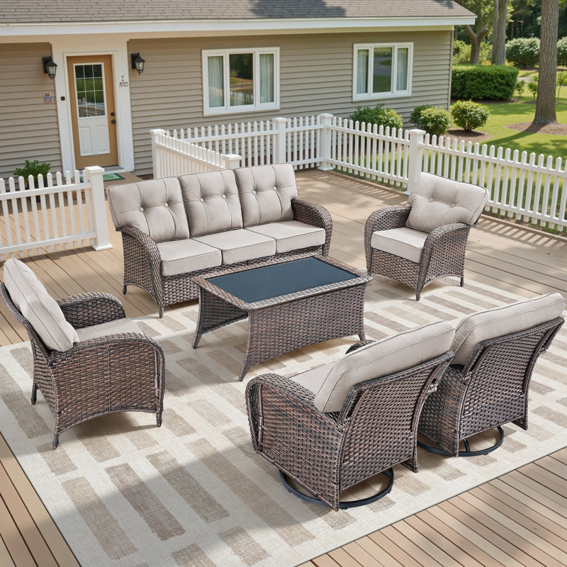 6-Piece Patio Furniture Set, All-Weather Outdoor Seating Set With Swivel Glider Chairs & Coffee Table, Beige