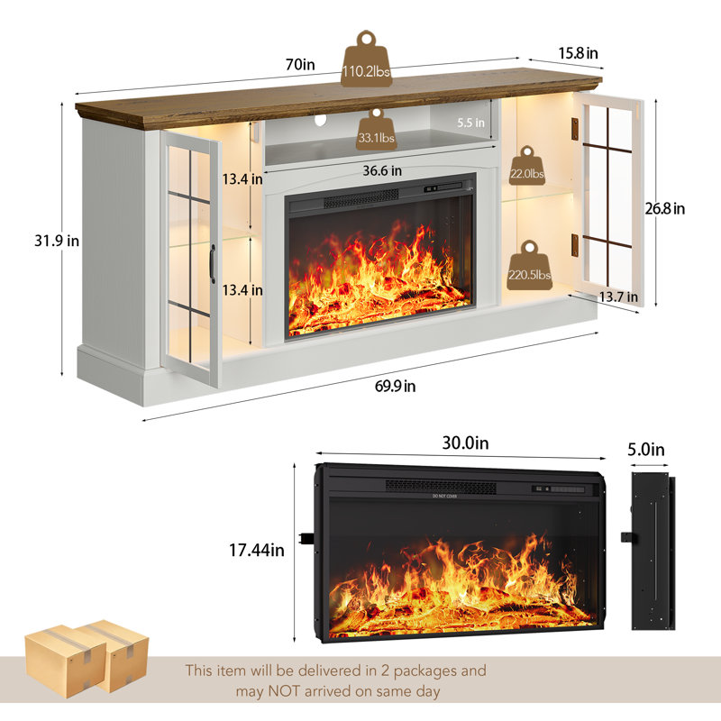 Meuble télé avec foyer électrique et console multimédia convertible pour téléviseur de 65 po et de 80 po Farmhouse