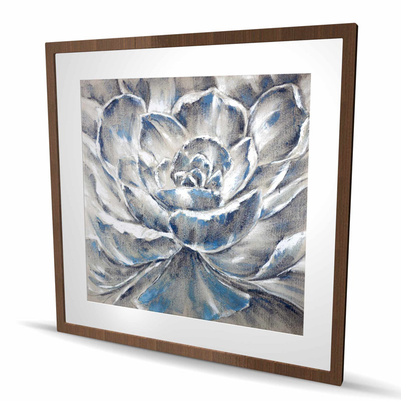 Fleur grise et bleue - reproduction contemporaine mate encadrée, H 36 po x l 36 po, Brun