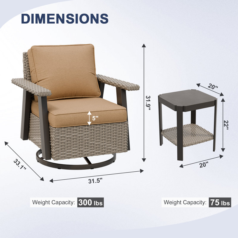 3-Piece Outdoor Conversation Set with Wicker Swivel Rocking Chairs and Side Table, Tan