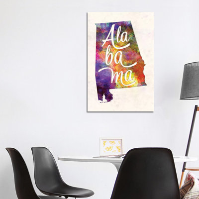 Alabama US State in Watercolor Text Cut out 1 Piece Wrapped Canvas Wall Art